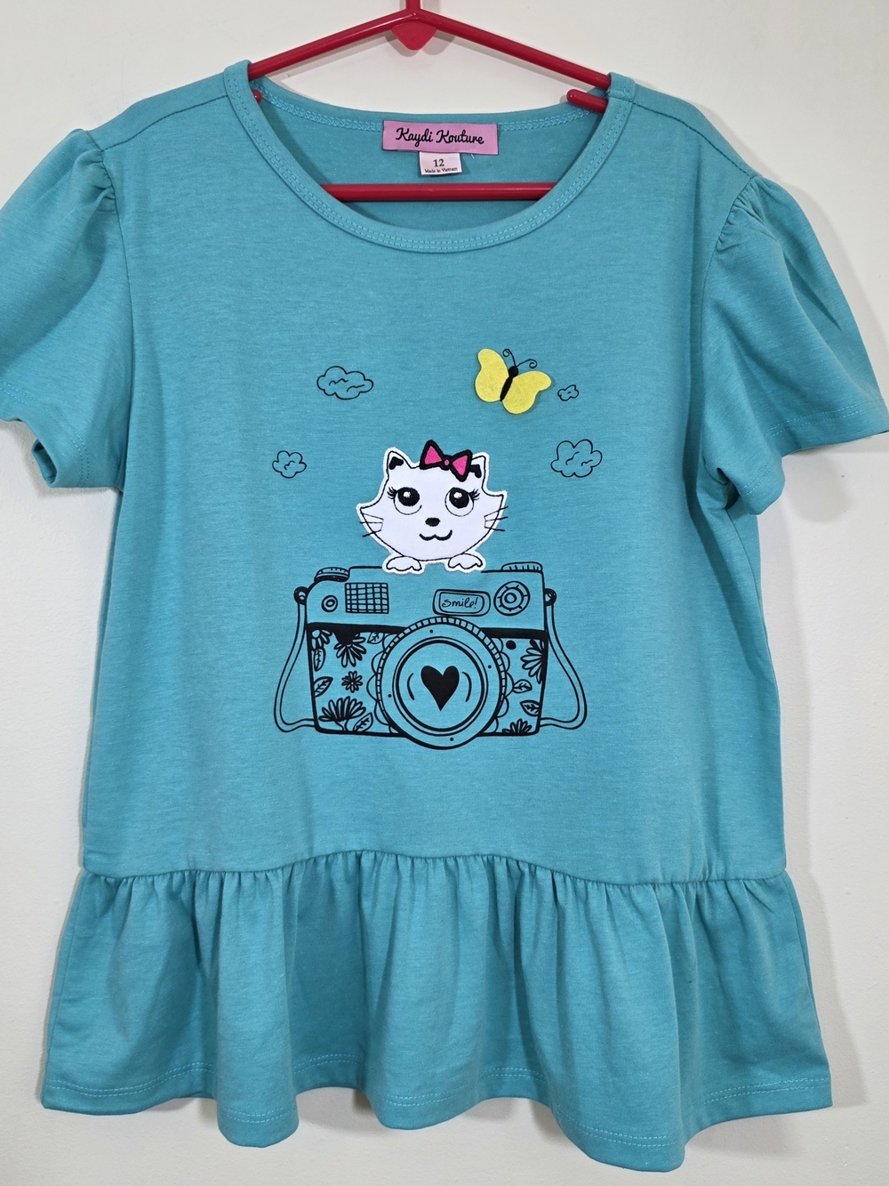 Kaydi Kouture Teal Fuzzy Embroidry Cat Camera Butterfly Peplum Top Girls Size 12